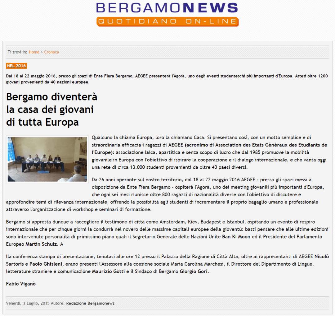 2015-07-03 - Bergamonews - Bergamo diventerà la casa dei giovani di tutta Europa