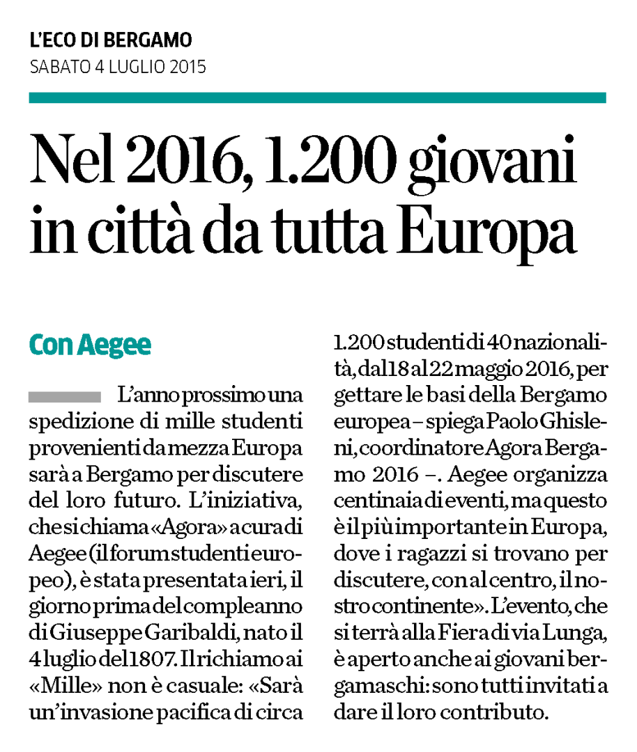 2015-07-04 - L'Eco di Bergamo - Nel 2016, 1200 giovani in città da tutta Europa